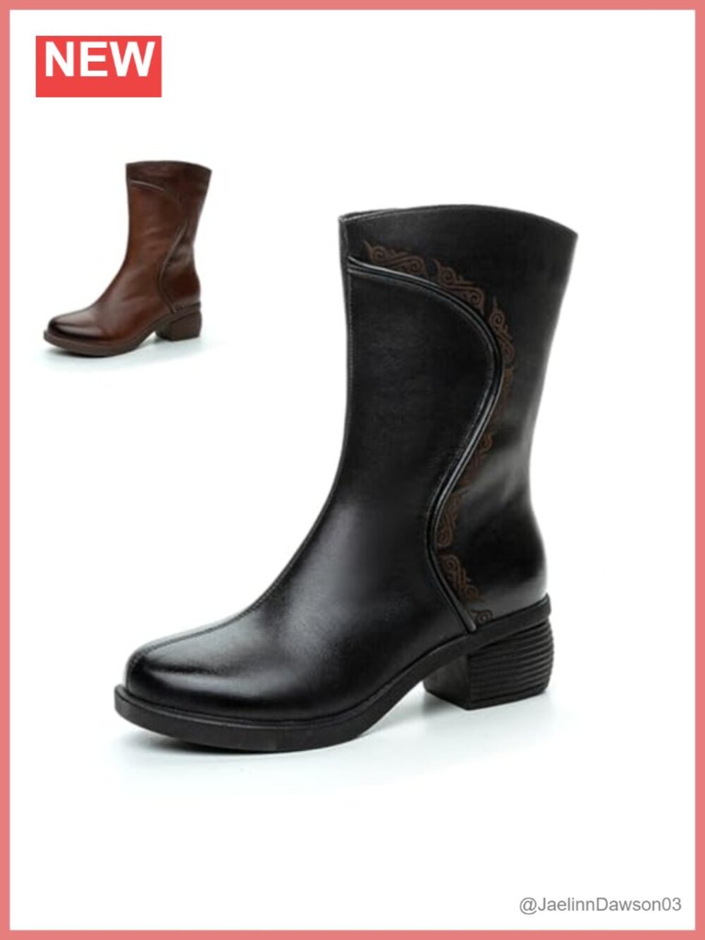 Genuine Leather Chunky Block Heel Mid Calf Boots Retro Round Toe Side Zipper